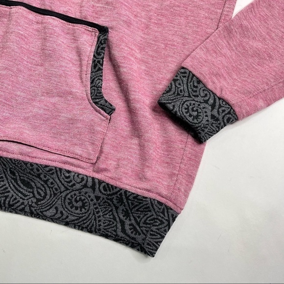 𝅺BOHO Artsy Heathered Pink Grey Paisley Trim Kangaroo Pouch Cozy Hoodie Sweater - Picture 3 of 5